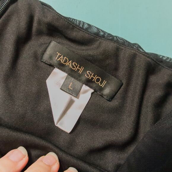 Tadashi Shoji Black Draped Mesh Asymmetrical Neckline Formal Gown Size Large - Picture 4 of 10